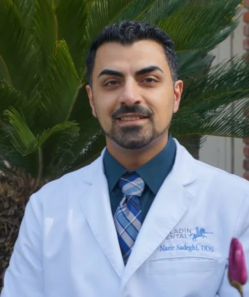 Headshot of Dr Nasir Sadeghi wearing suit and tie with checkered pattern, a lab coat with the logo of 'PALADIN DENTAL', and plants as a background.